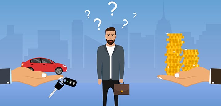 graphic of a man questioning between a car or money