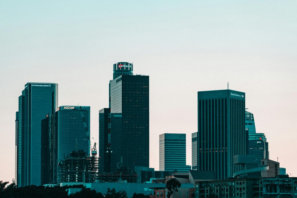 Skyline view of building including banks in a city.