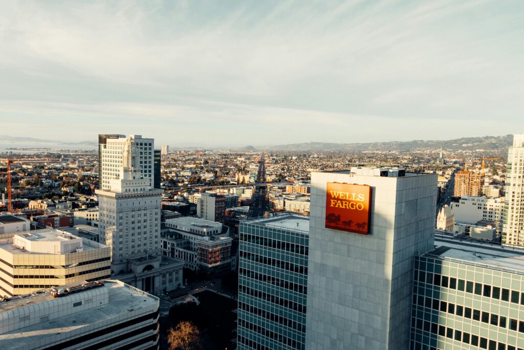 Skyline view with Wells Fargo Bank showing.