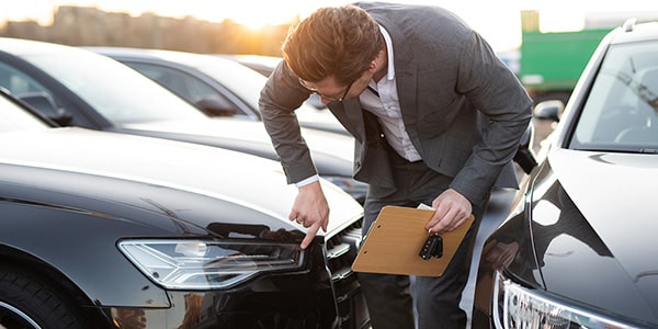 Man pointing out a blemish on a used car